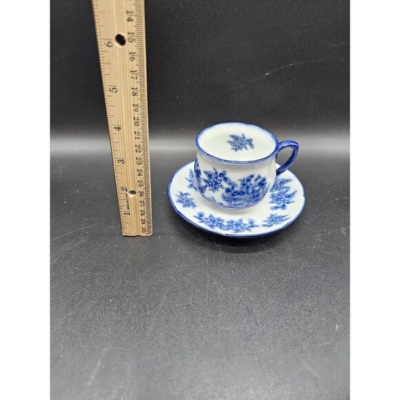 Flow Blue Ironstone Floral Teapot No Lid And Pair Of Teacups W/ Saucers Vintage - Picture 15 of 16